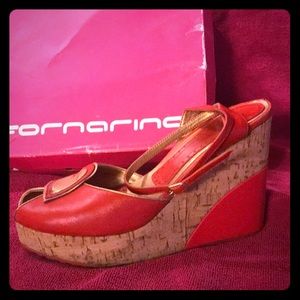 Fornarina red and gold leather heart platforms